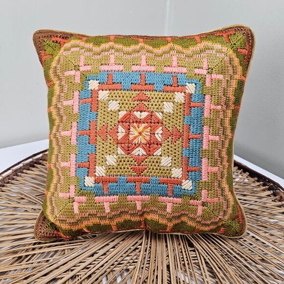 Vintage 70s Smokey Topaz Needlepoint Pillow Wool Yarn Tan Rust Blue Olive Velvet - Picture 1 of 8